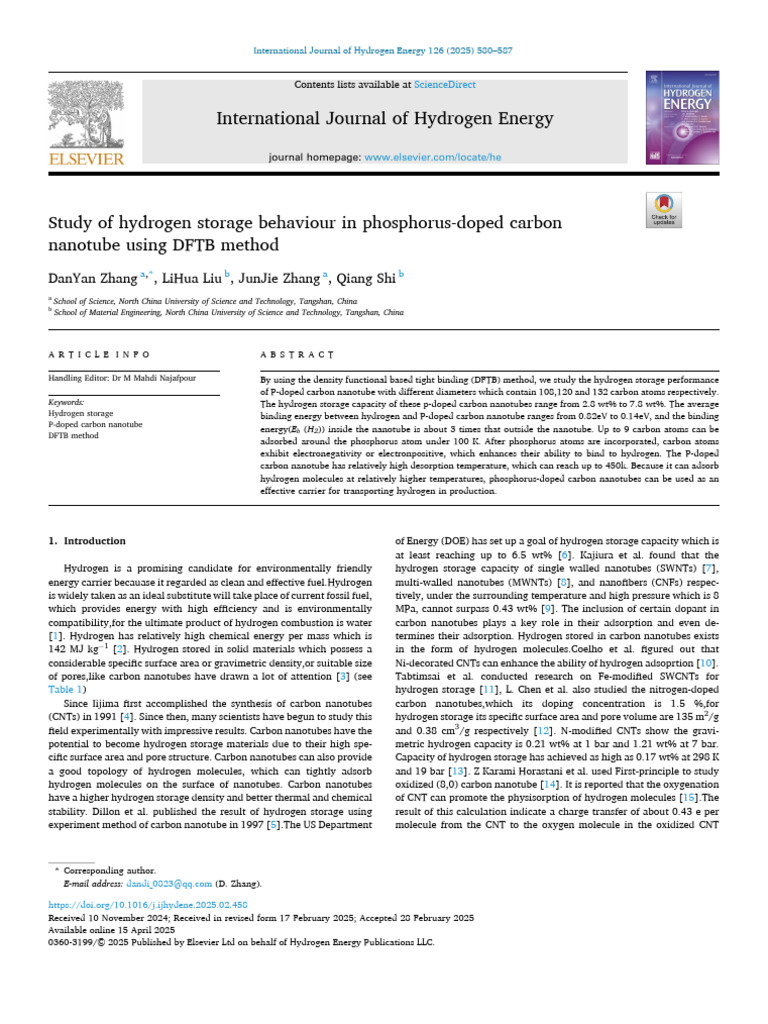Hydrogen Storage in P-Doped Carbon Nanotubes | PDF | Carbon Nanotube ...