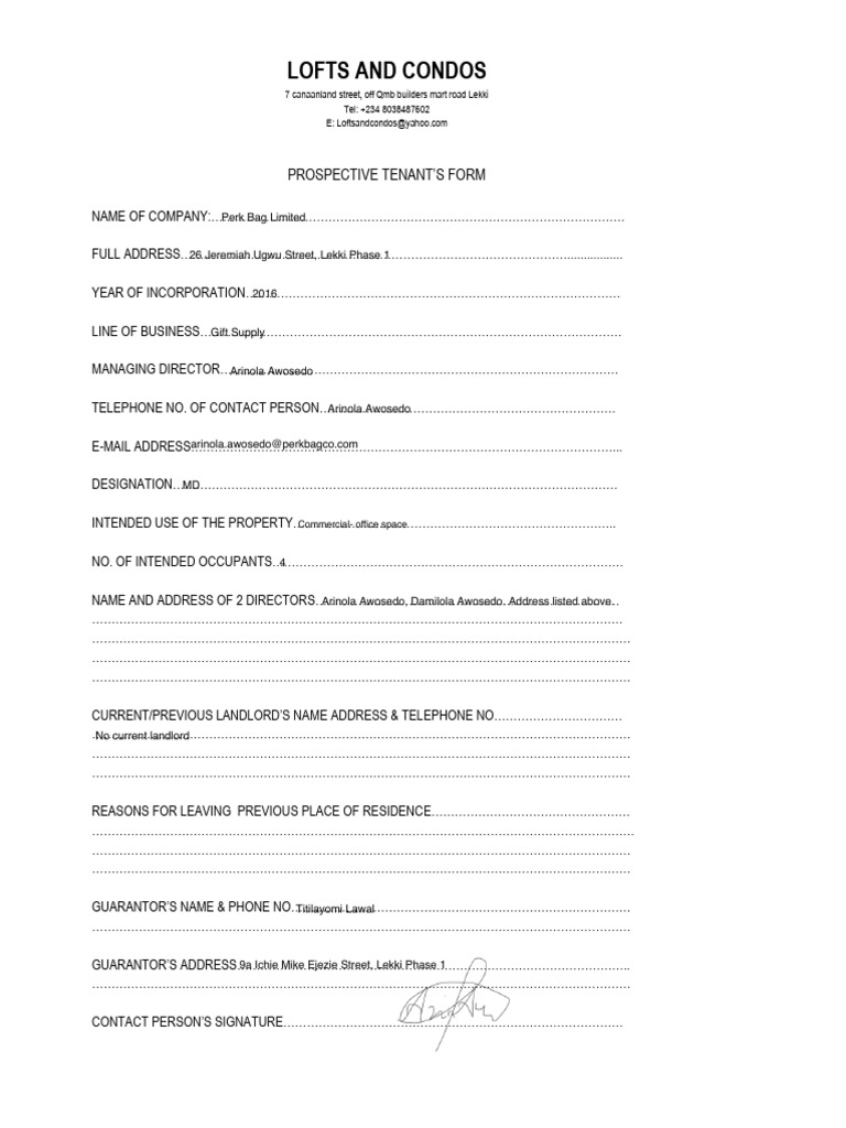 Tenant Application Form for Lofts & Condos | PDF