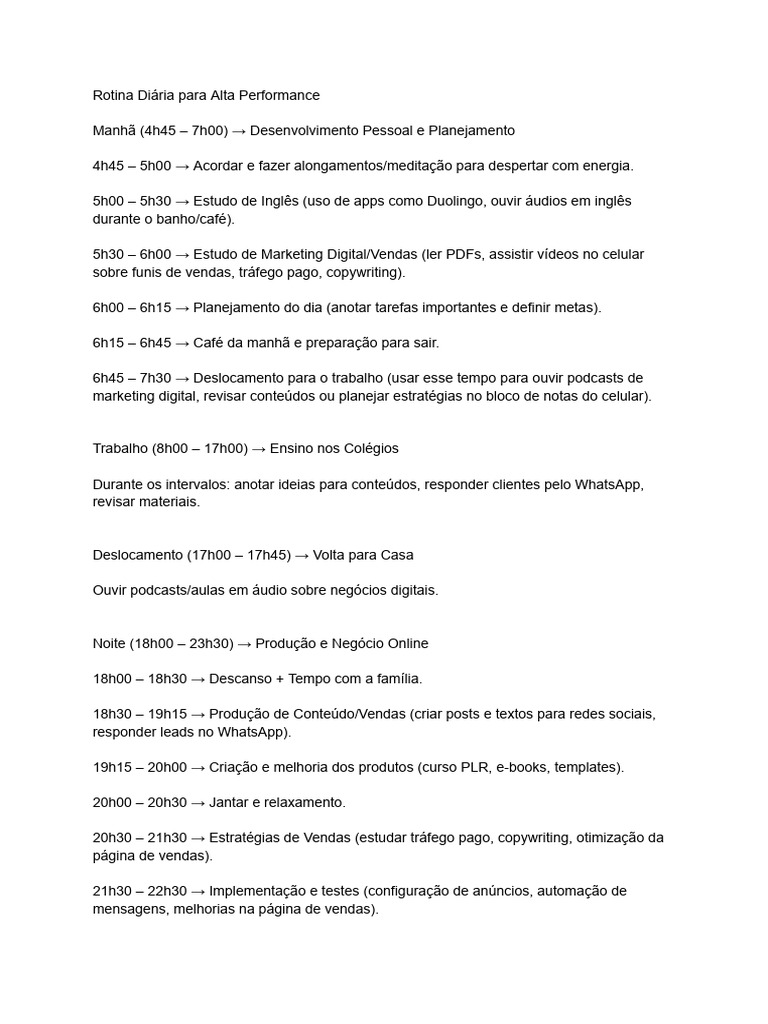 Rotina Diária para Alta Performance | PDF