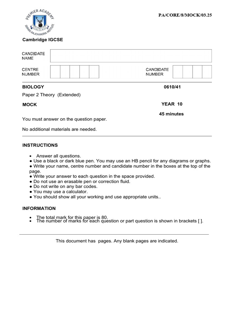 IGCSE Biology Mock Exam Paper 2 | PDF