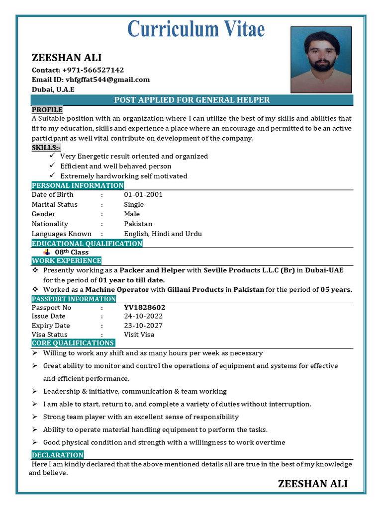 General Helper CV of Zeeshan Ali | PDF