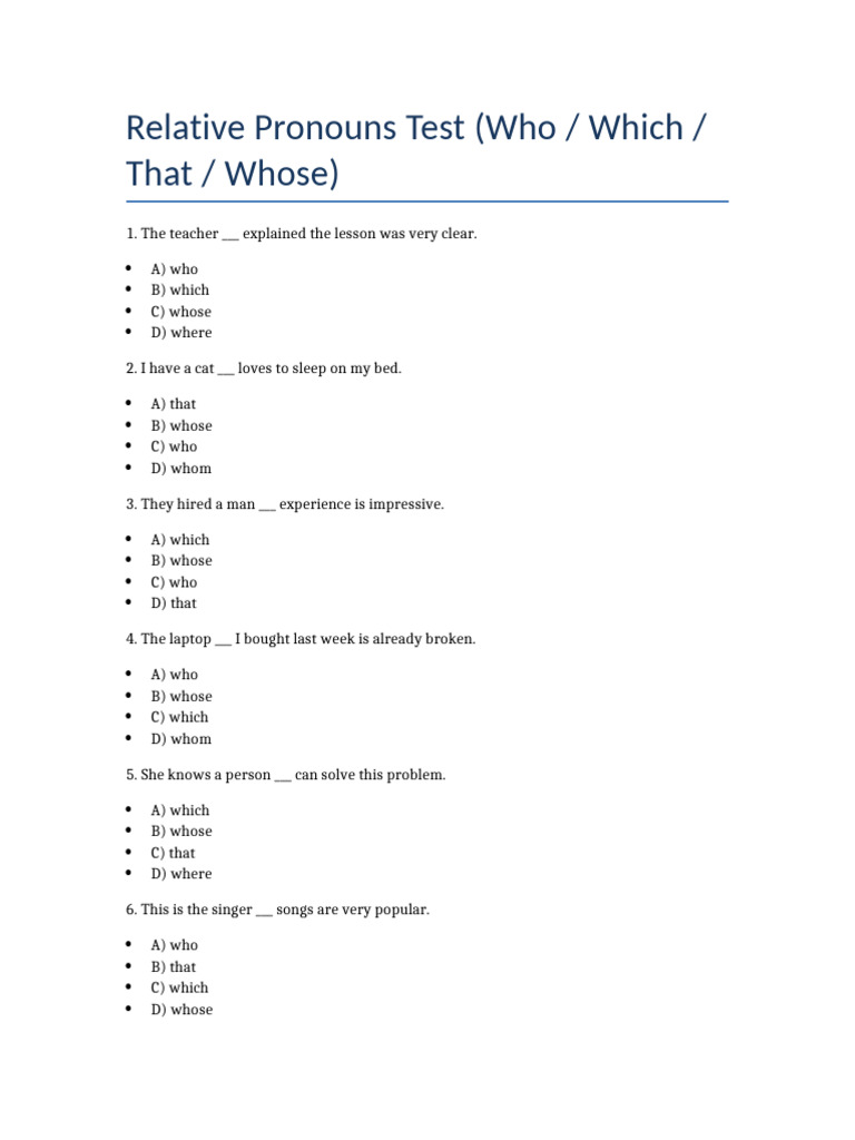 Relative Pronouns Test and Answers | PDF