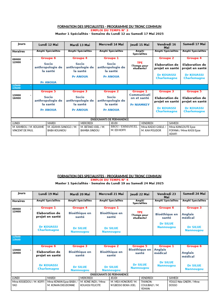 Emploi du temps Master 1 Santé 2025 | PDF