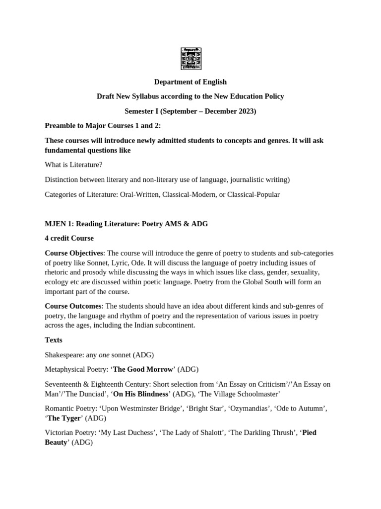 New English Syllabus for NEP 2023 | PDF | Poetry | Genre