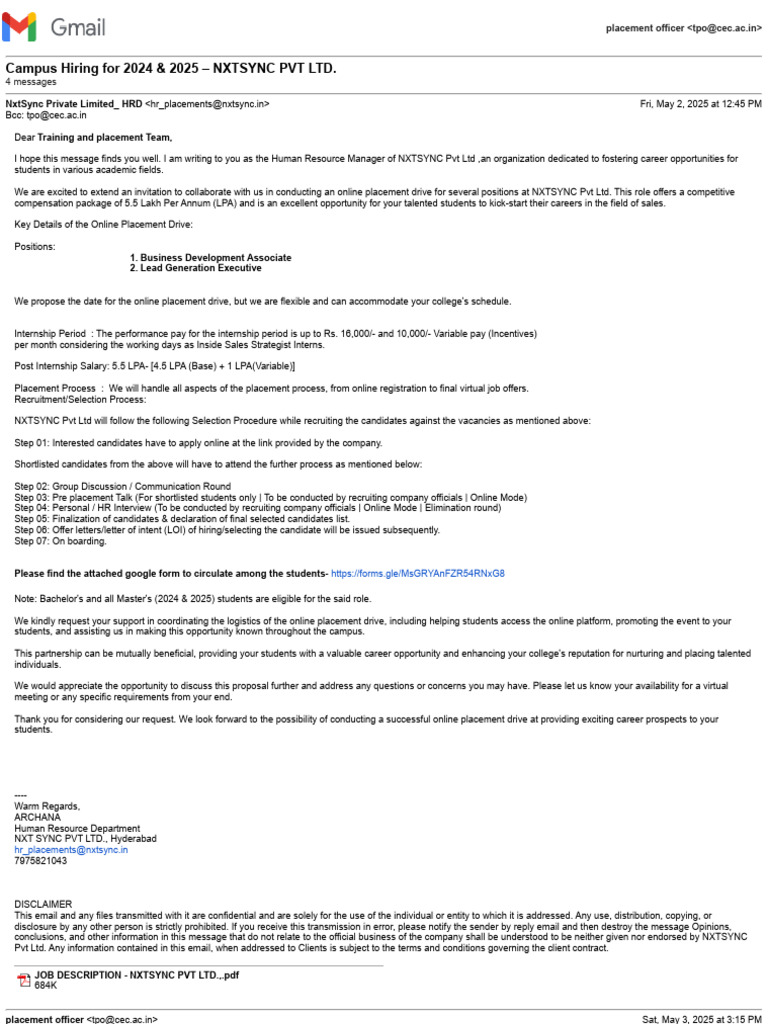 NxtSync Pvt Ltd Online Placement Drive | PDF | Business