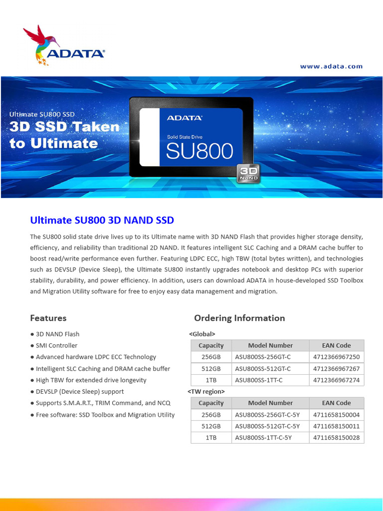 Ultimate SU800 3D NAND SSD Overview | PDF | Solid State Drive | Flash ...