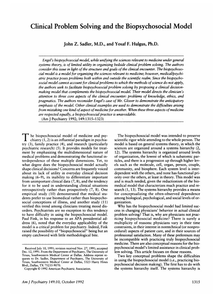 Clinical Problem Solving and The Biopsychosocial Model 1992 | PDF ...