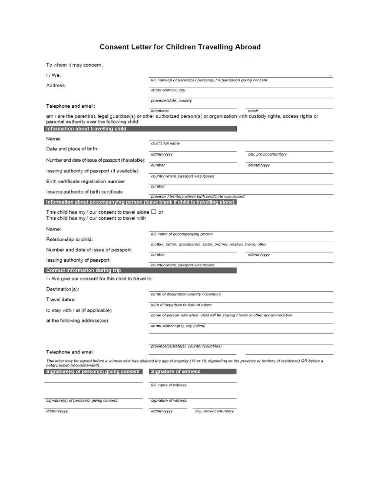 Consent Letter For Children Travelling Abroad | PDF