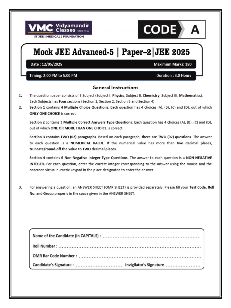 Mock JEE Advanced 2025 Exam Paper | PDF | Numbers | Refraction