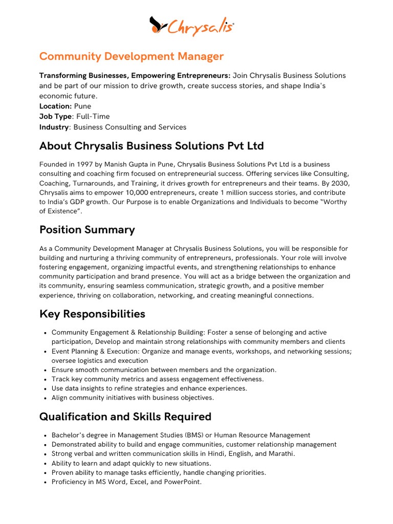 Community Development Manager Role in Pune | PDF | Entrepreneurship ...