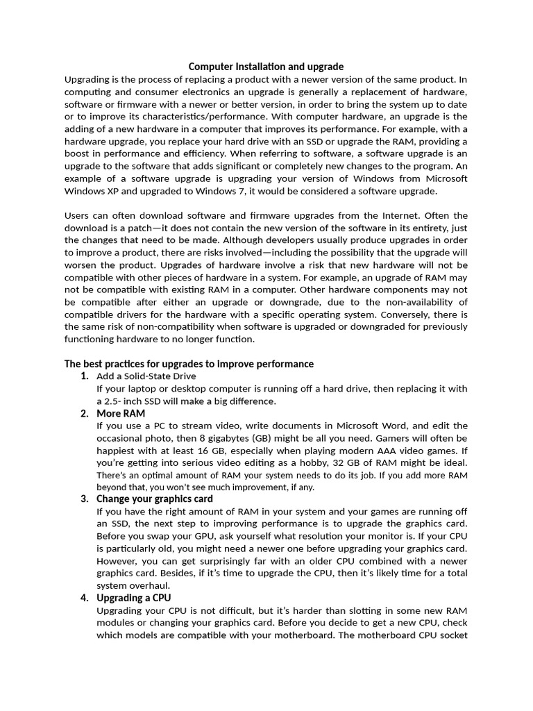 Upgrading Computer Hardware Essentials | PDF | Installation (Computer ...