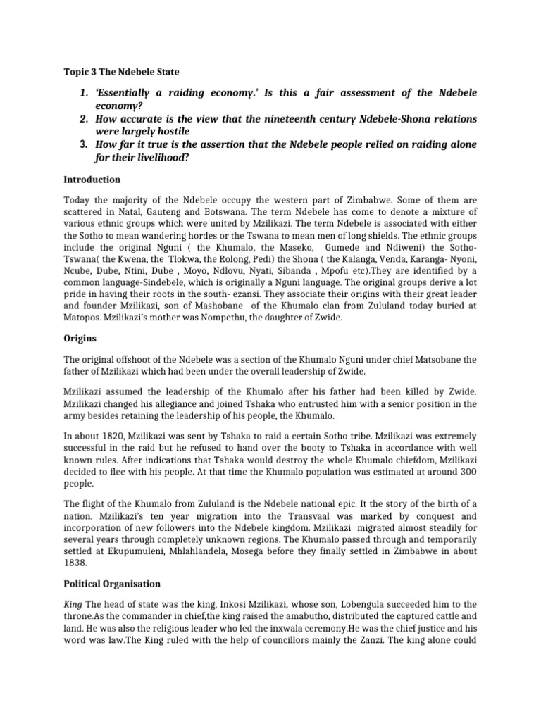 Ndebele State Economic Activities Overview | PDF