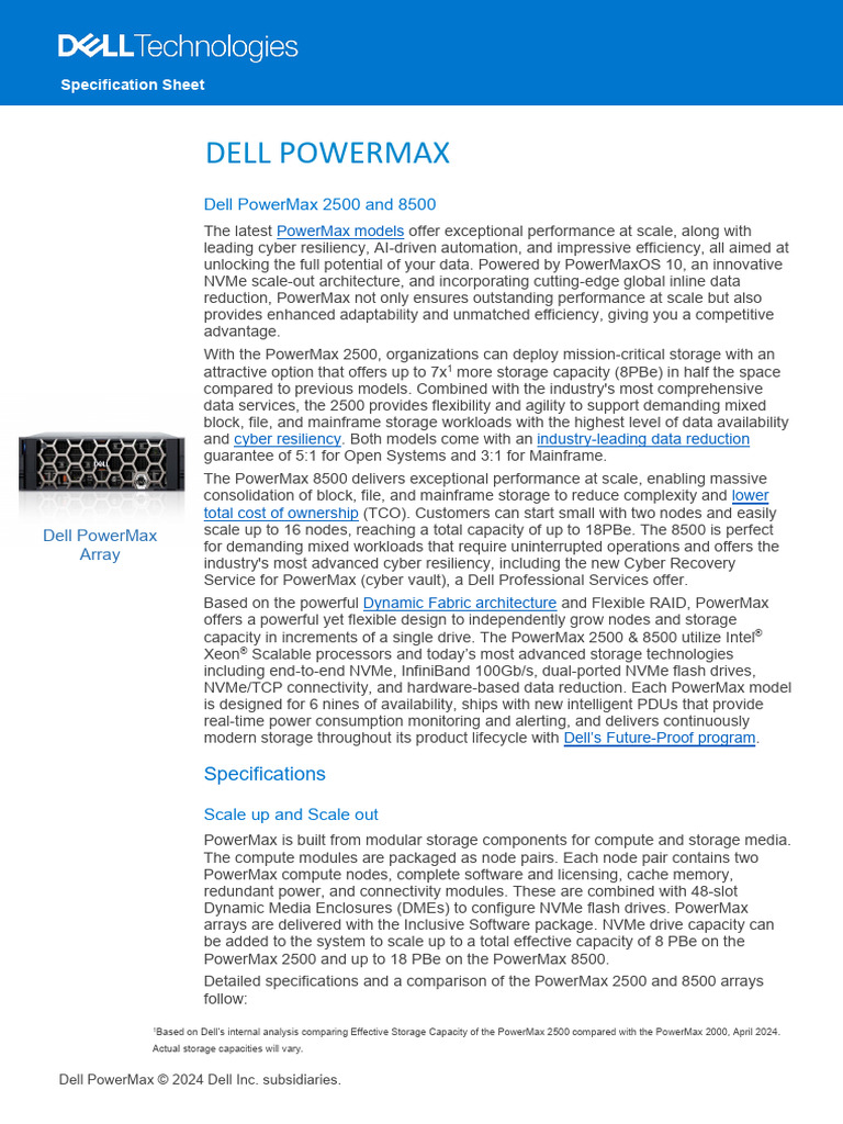 Dell PowerMax 2500 & 8500 Specs Sheet | PDF | Scalability | Alternating ...