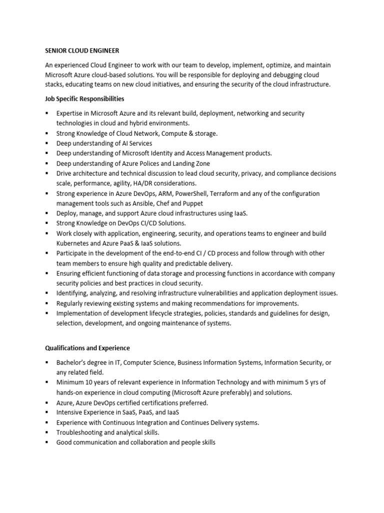 Senior Cloud Engineer - Microsoft Azure Expert | PDF | Cloud Computing ...
