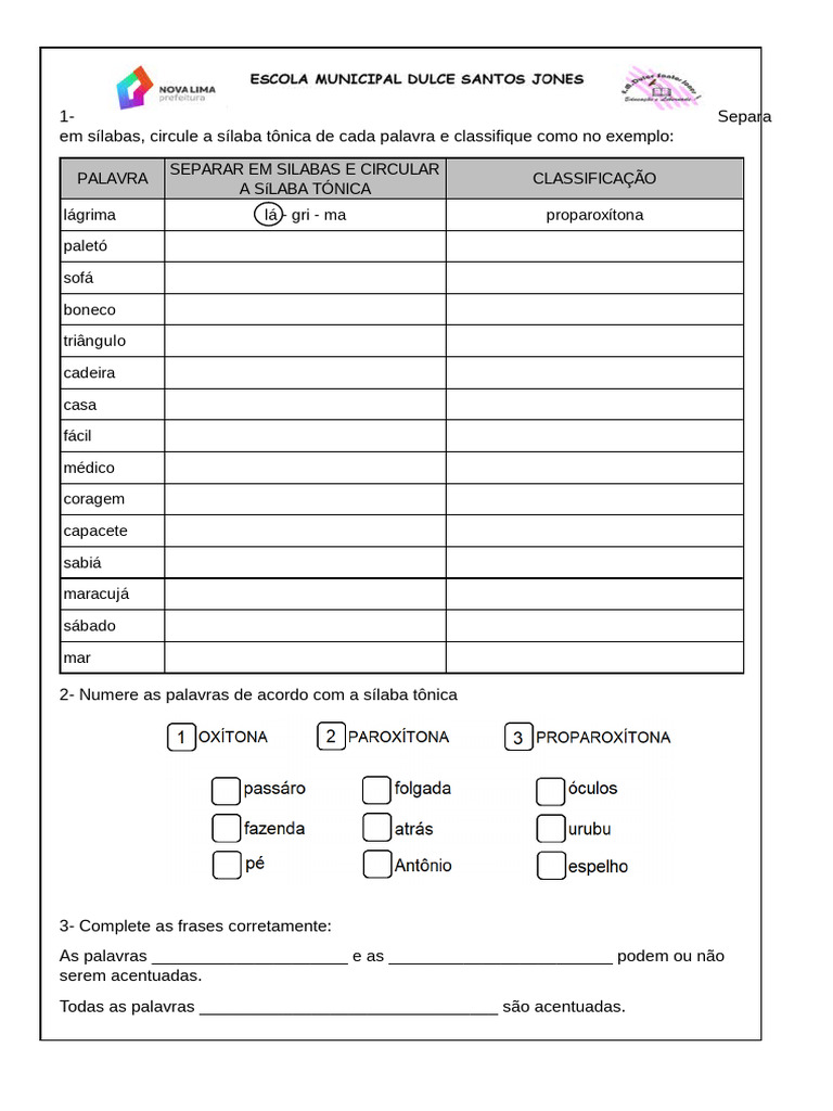 Atividades sobre Sílaba Tônica e Separação | PDF