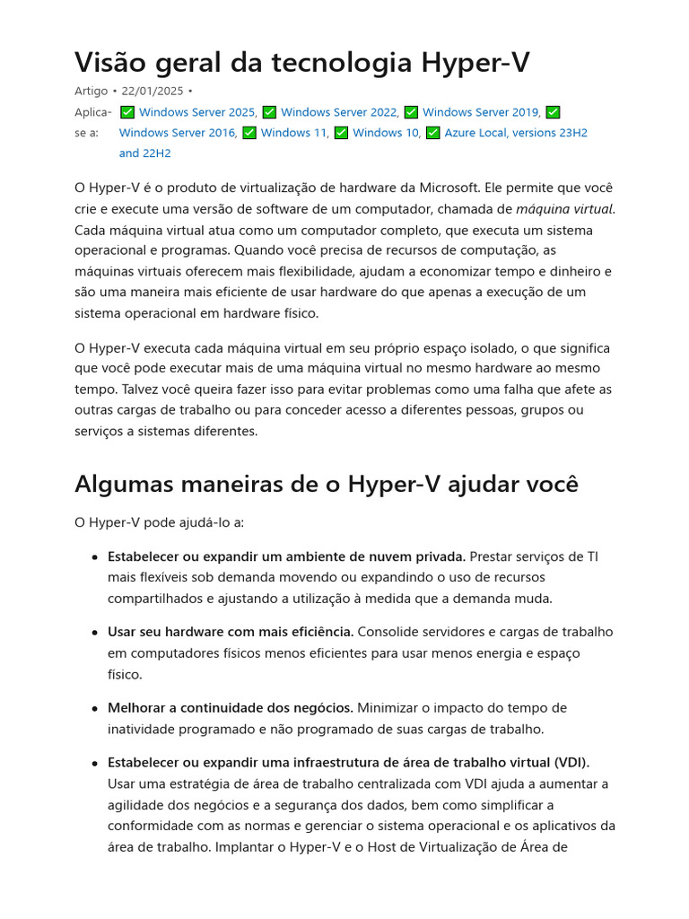 Visão Geral do Hyper-V da Microsoft | PDF | Hyper V | Virtualização