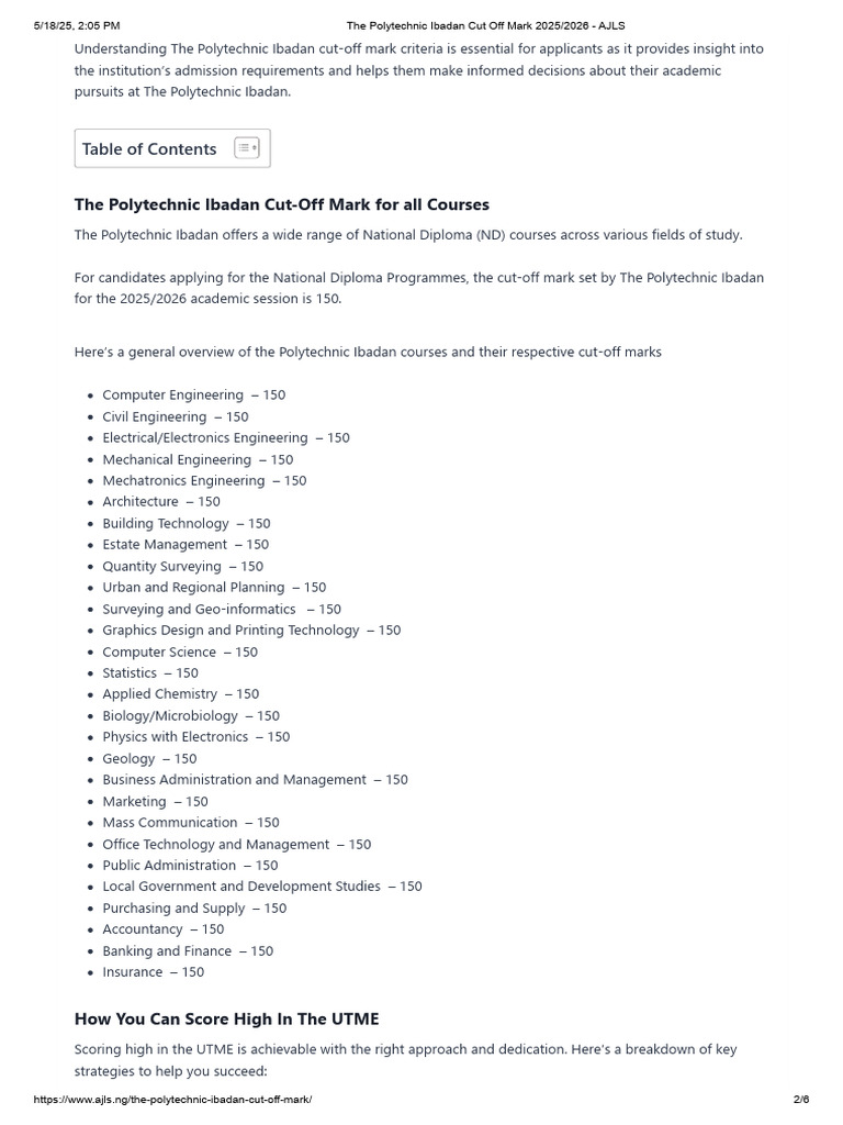 The Polytechnic Ibadan Cut Off Mark 2025 2026 Ajls Pdf