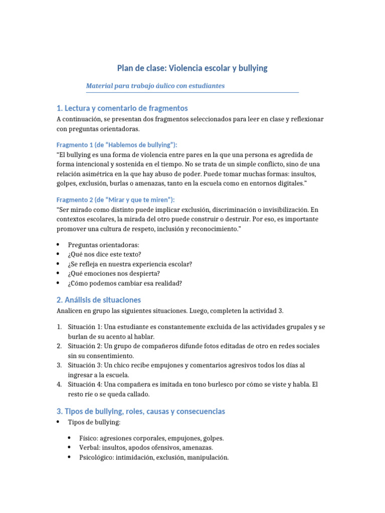 Plan de Clase sobre Bullying Escolar | PDF | Violencia | Agresión