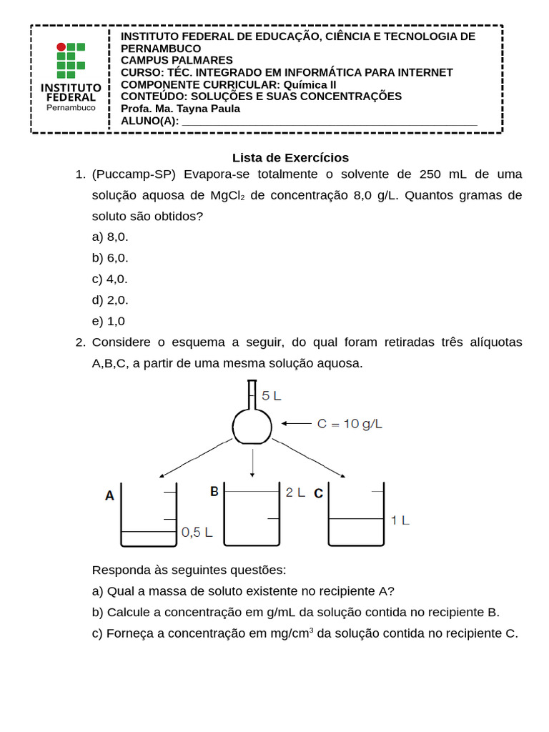 Exercícios sobre Soluções Químicas | PDF | Concentração | Ácido sulfúrico