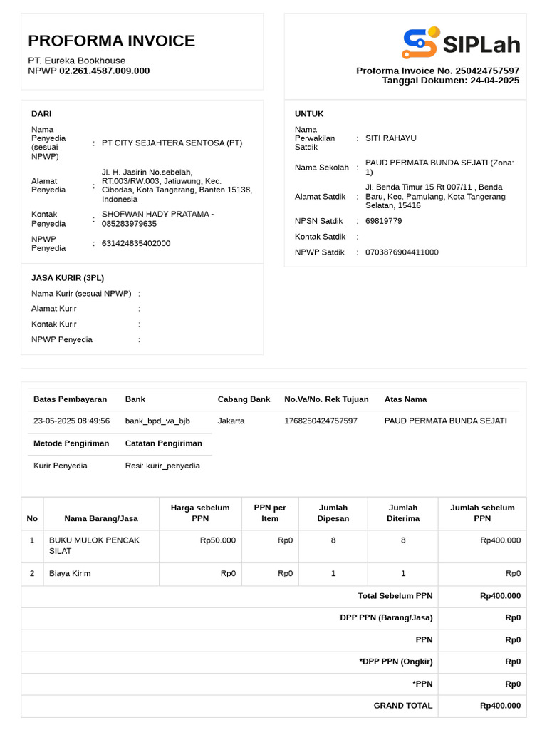 Proforma Invoice Buku dan Biaya Kirim | PDF