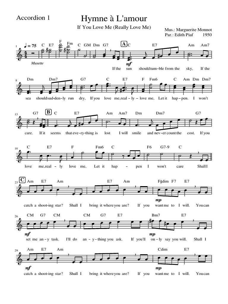 Hymne à L'amour Accordion Sheet Music | PDF | French Songs