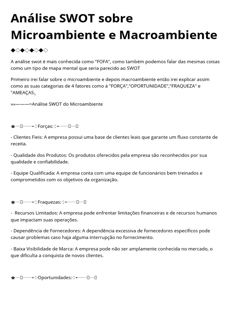 Análise SWOT: Micro e Macroambiente | PDF | Análise SWOT | Economia