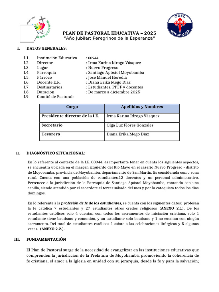 Plan Pastoral Educativa 2025: Fe y Comunidad | PDF | Iglesia Católica | Fe