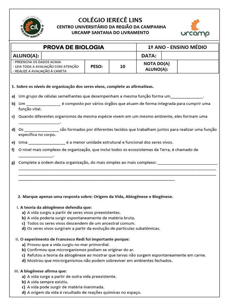 Prova de Biologia: Características dos Seres Vivos | PDF | Abiogênese ...