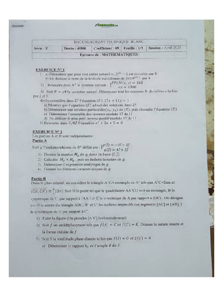 Bac Blanc Technique (Serie E) 2025 Maths Sujet+Bareme by Tehua | PDF