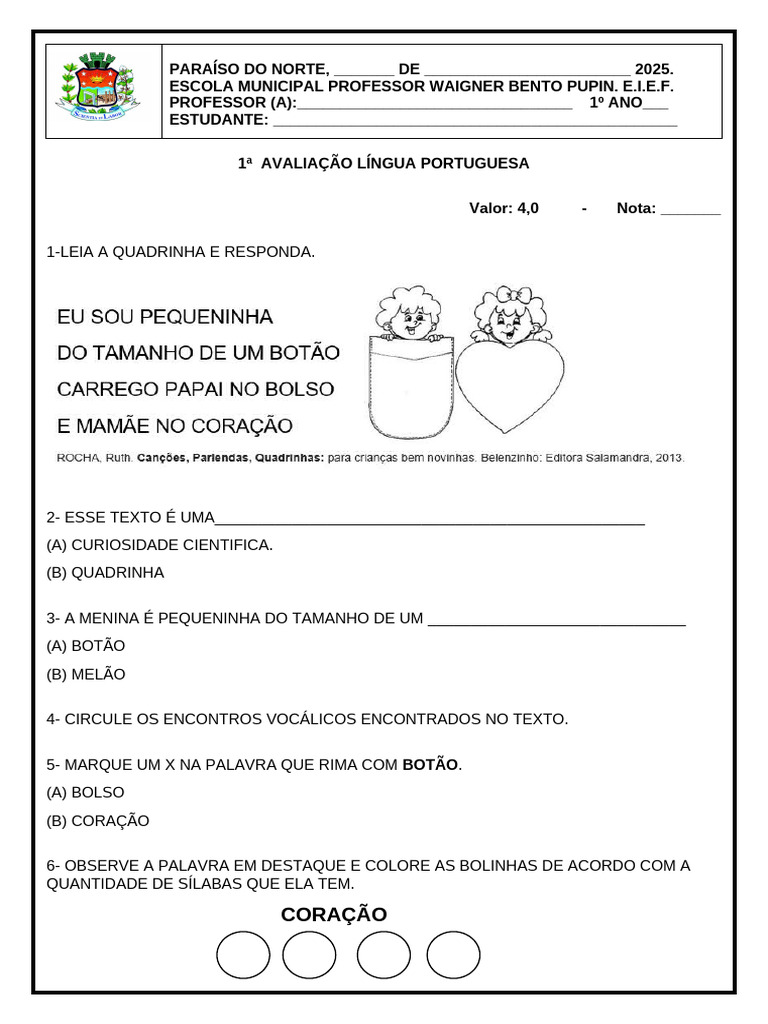 Avaliação de Língua Portuguesa 1º Ano | PDF