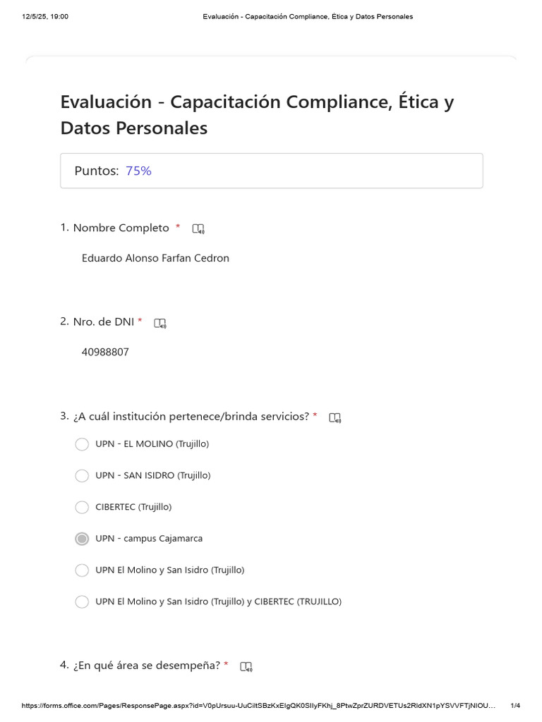 Evaluación - Capacitación Compliance, Ética y Datos Personales Rpta | PDF