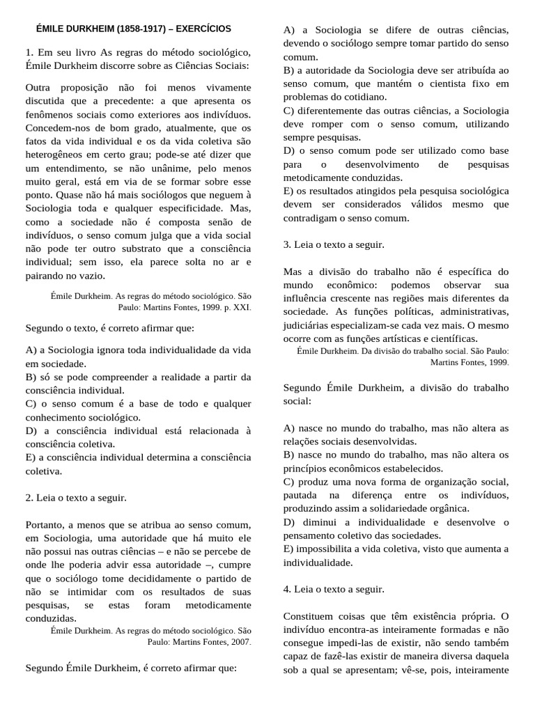 Exercícios sobre Émile Durkheim e Sociologia | PDF | Sociologia | Émile ...