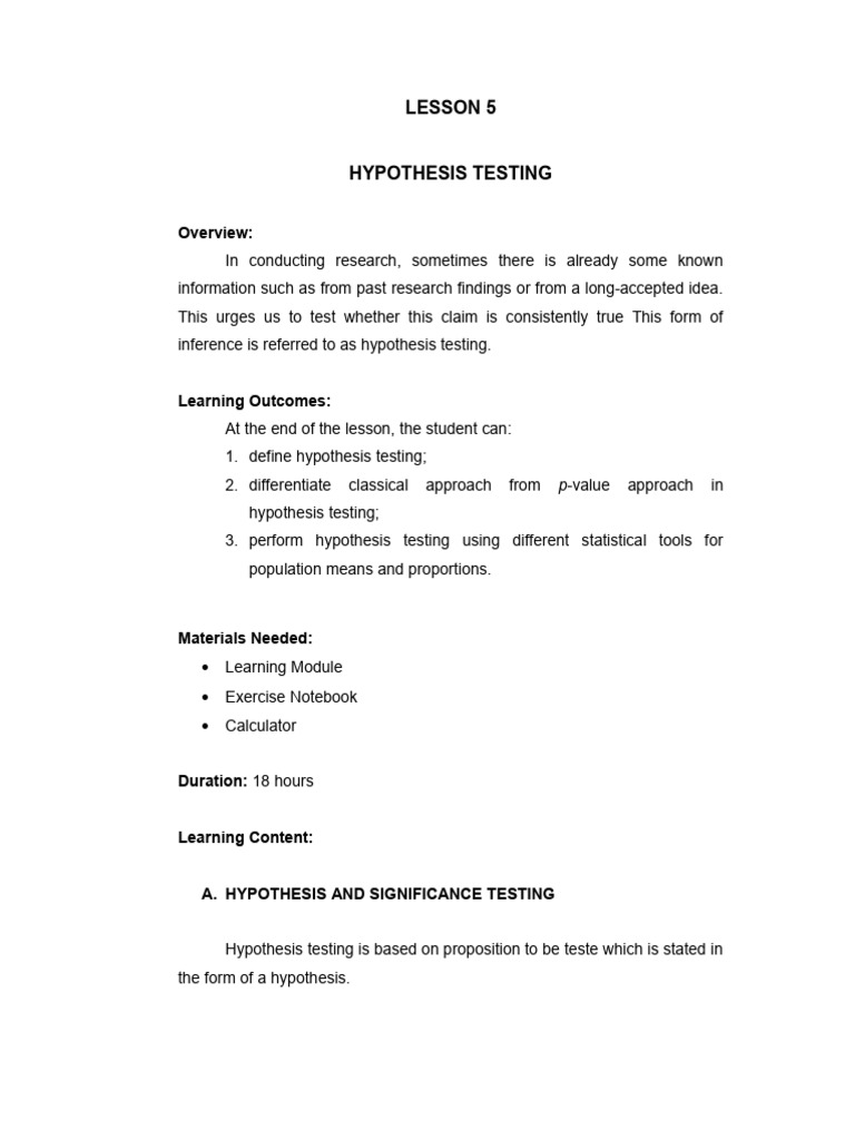 Lesson-5-Hypothesis-Testing | PDF | Type I And Type Ii Errors | P Value