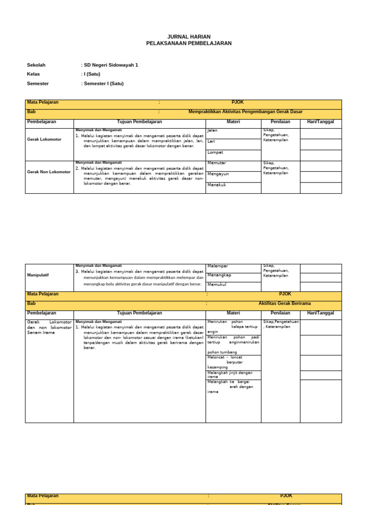 Jurnal Harian PJOK Kelas 1 Kurikulum Merdeka | PDF