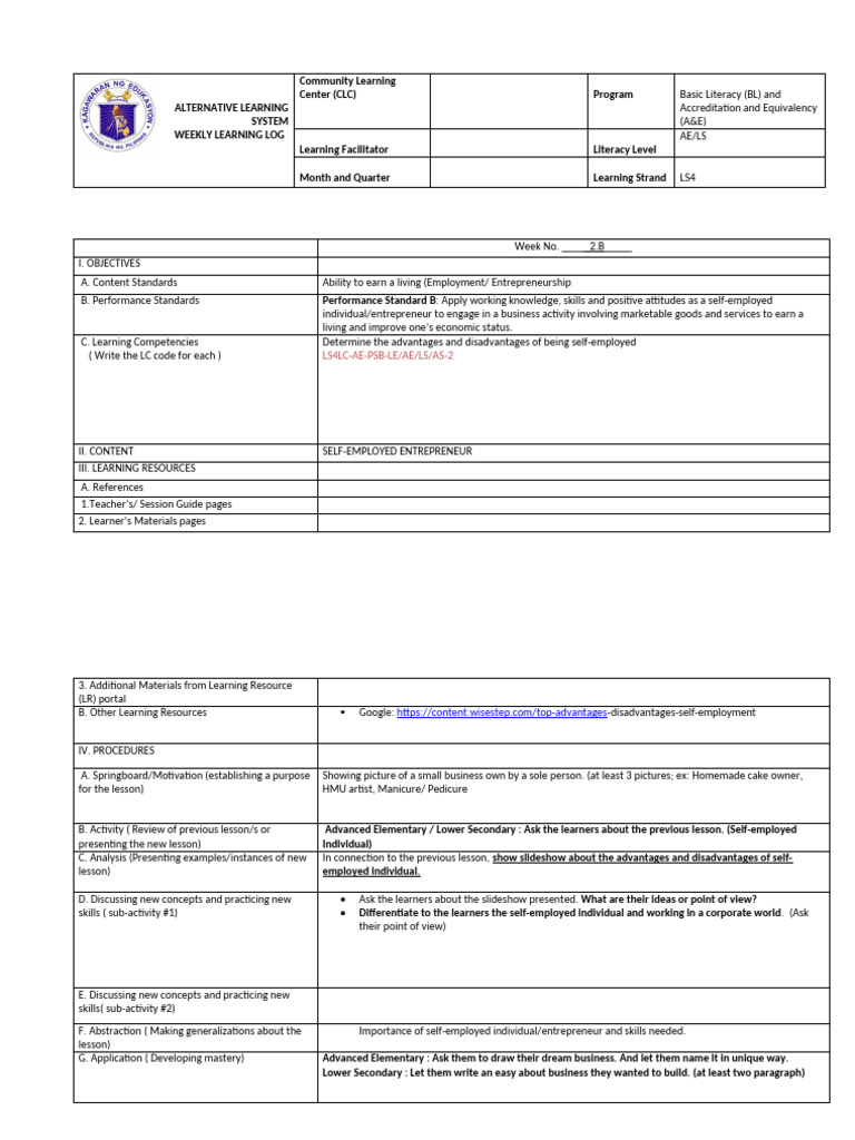 Weekly Learning Log for Self-Employment | PDF | Learning | Entrepreneurship