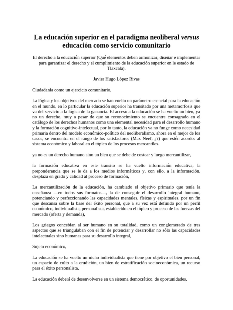 Educación Superior y Neoliberalismo | PDF | Plan de estudios | Enseñando