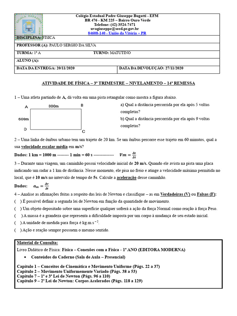 Atividade de Física - 1º Ano EFM | PDF | Leis do Movimento de Newton ...