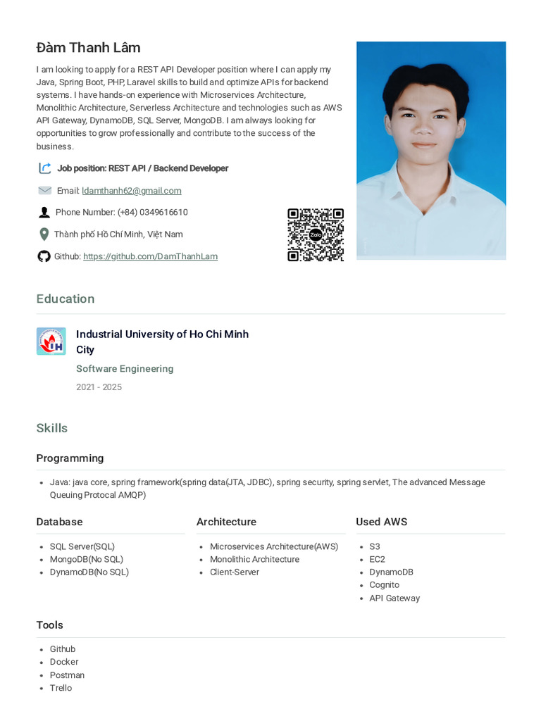 REST API Developer Resume - Đàm Thanh Lâm | PDF | Software | Computing