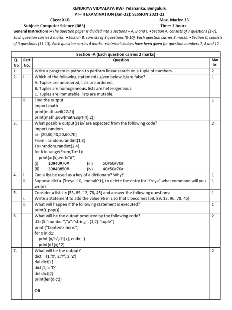 XI CS PT-2 Paper 2022 Term-2 QP | PDF | String (Computer Science ...