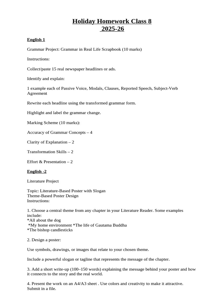Class 8 Holiday Homework 2025-26 | PDF | Male