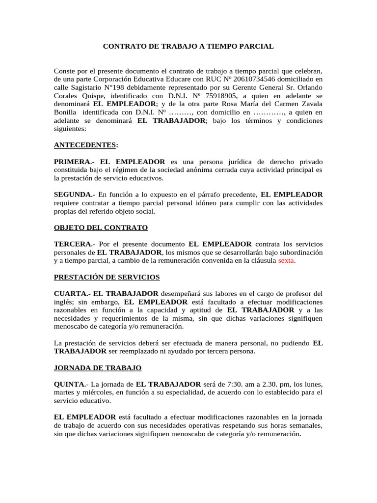 Contrato de Trabajo a Tiempo Parcial | PDF | Derecho laboral | Salario