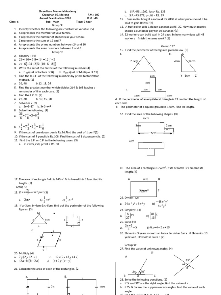 Class 6 Math Final Examination 2081 - 084245 | PDF | Area | Elementary ...