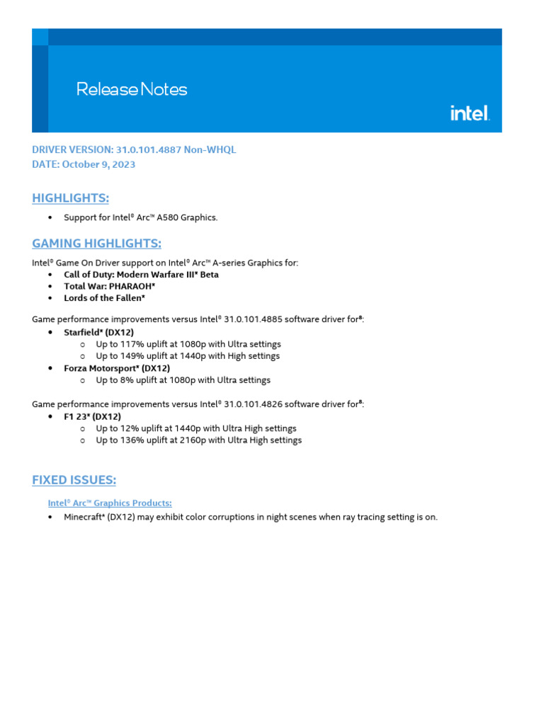 ReleaseNotes 101.4887 Non-WHQL | PDF | Intel | Computer Hardware