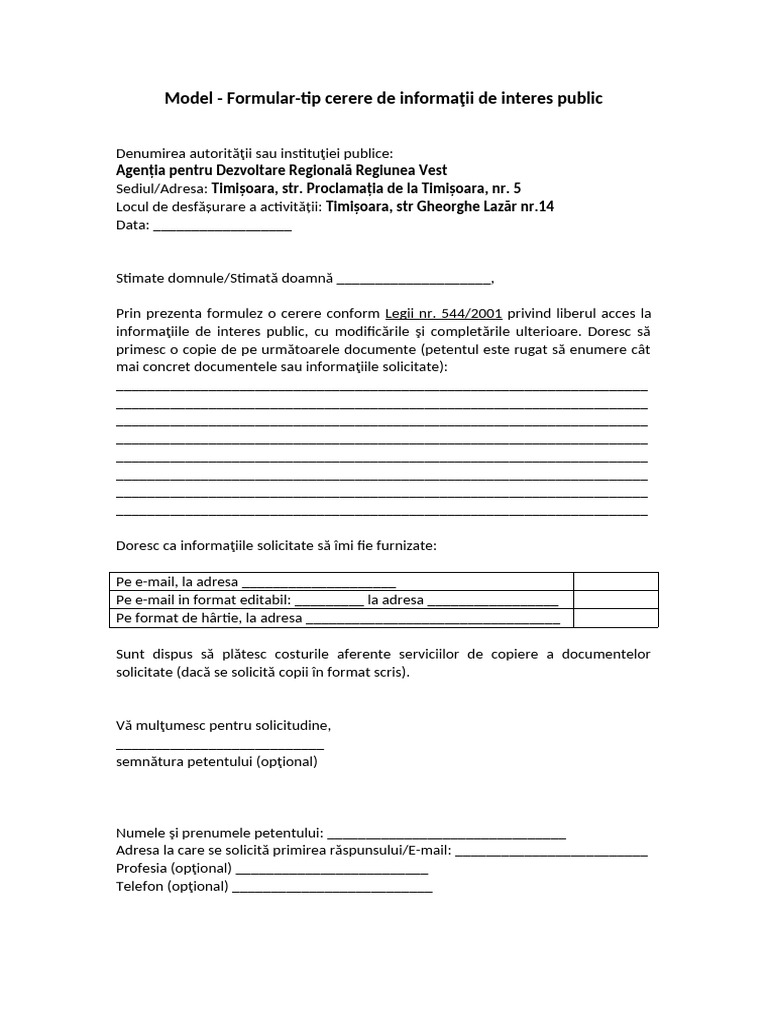 Formular-Tip Cerere de Informatii de Interes Public | PDF
