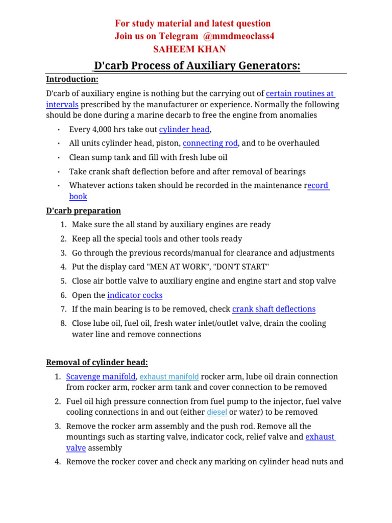 D'carb Process for Auxiliary Generators | PDF | Piston | Bearing ...