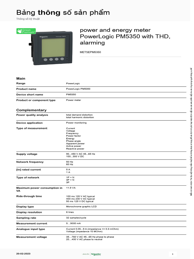 PowerLogic PM5350 Power Meter Specs | PDF | Ac Power | Electric Power