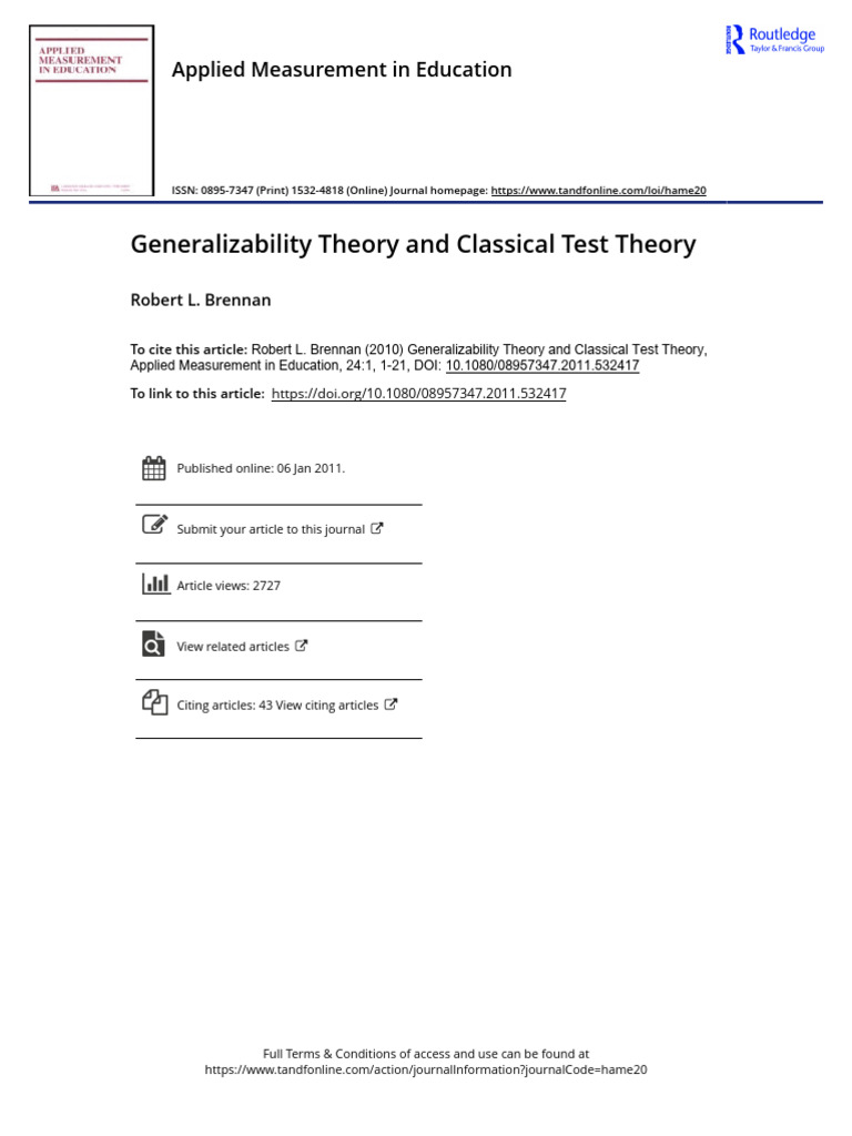 Brennan (2010) - Generalizability Theory and Classical Test Theory ...