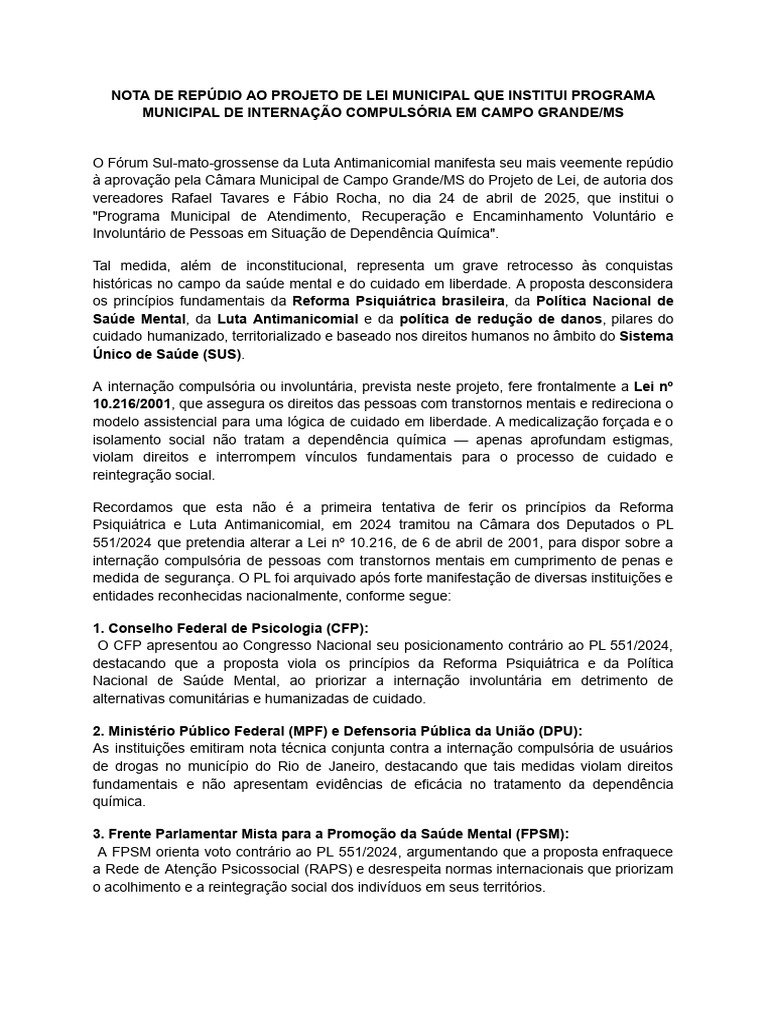 Repúdio ao Projeto de Internação Compulsória | PDF | Saúde mental