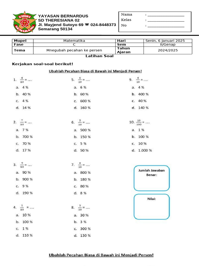 Latihan Matematika: Pecahan ke Persen | PDF