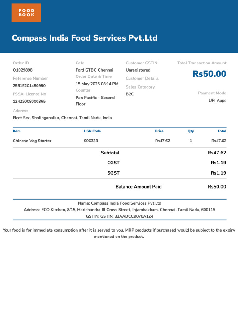 Compass India Food Order Details | PDF